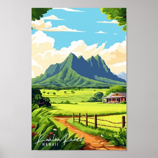 Kualoa Ranch Hawaii vintage reisillustratie Poster (Voorkant)