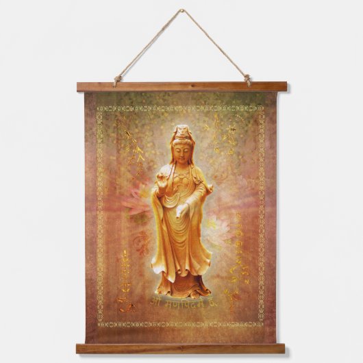 Kuan Yin Wood Topped Wall Tapestry Hangend Wandkleed (Voorkant)