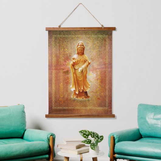 Kuan Yin Wood Topped Wall Tapestry Hangend Wandkleed (Woonkamer)