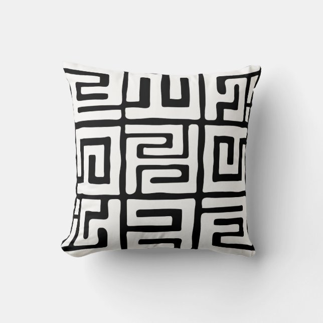 Kuba Cloth Geïnspireerd White|Black Geometric Kussen (Voorkant)
