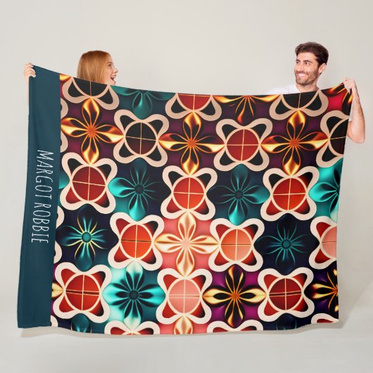 Kubieke bloemen rood bloemenretro patroon fleece deken (In situ)