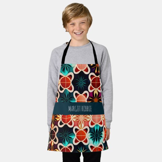 Kubieke bloemen rood bloemenretro patroon schort (Gedragen)