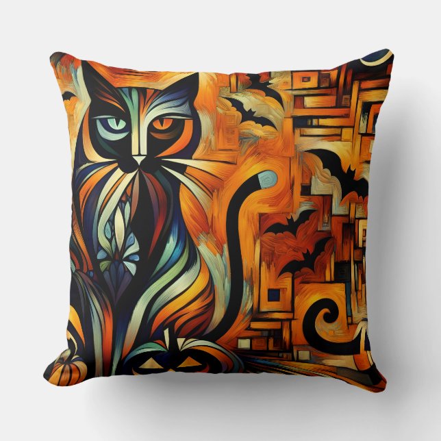 Kubisme Halloween Kat Kussen (Voorkant)