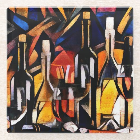 Kubisme Wijn Thema's: Flessen & Druiven Glazen Onderzetter (Voorkant)