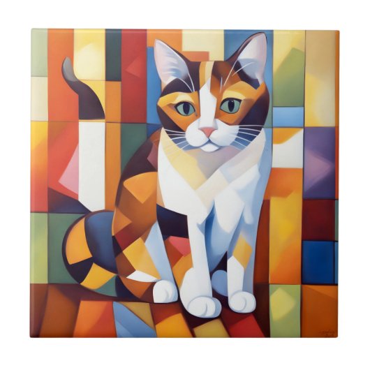 Kubist Calico Cat Art Tegeltje (Voorkant)