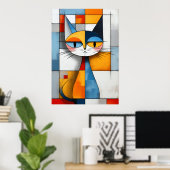 Kubistisch Geometrisch Kat Portret Poster (Thuiskantoor)
