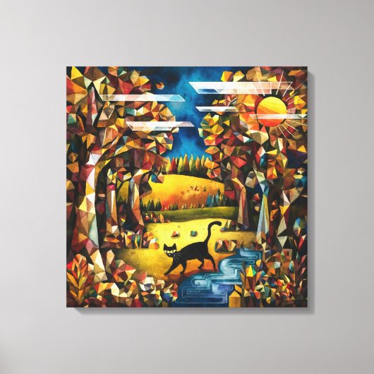 Kubistisch herfstbos met rivier en weide canvas afdruk (Voorkant)