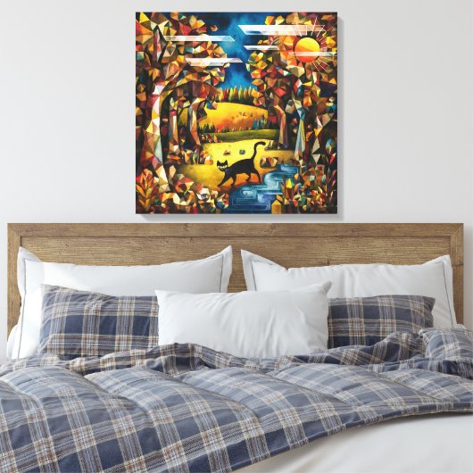 Kubistisch herfstbos met rivier en weide canvas afdruk (Insitu (Slaapkamer))