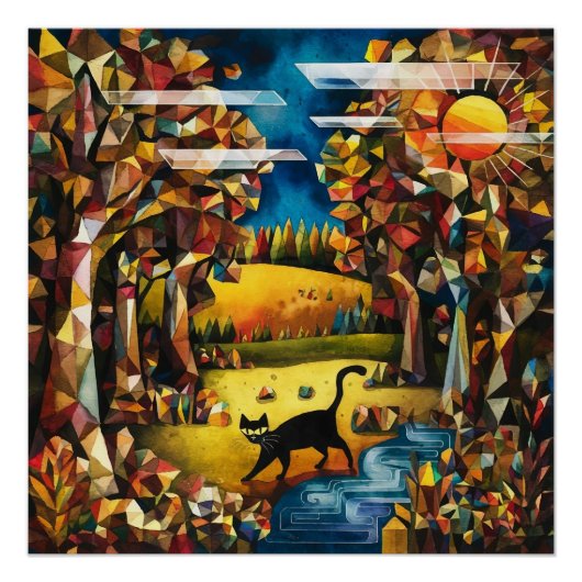 Kubistisch herfstbos met rivier en weide perfect poster (Voorkant)