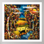 Kubistisch herfstbos met rivier en weide poster (Voorkant)