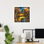 Kubistisch herfstbos met rivier en weide poster (Thuiskantoor)