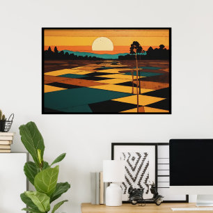 Kubistisch landschap Platte kleuren Velden Surreal Poster