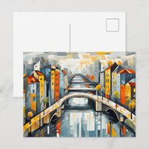 Kubistische besneeuwde brug over weerspiegelde sta