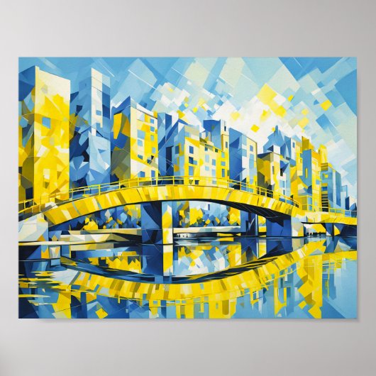 kubistische gele brug over de rivier poster (Voorkant)