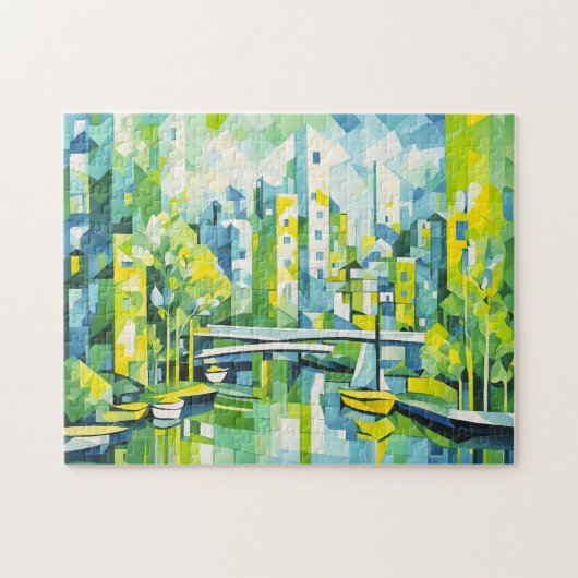 Kubistische Groene Stad met Brug Legpuzzel (Horizontaal)