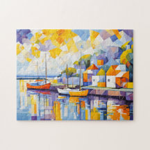 Kubistische haven scene met boten