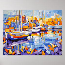 Kubistische jachthaven met boten en reflecties poster