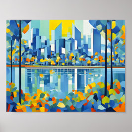Kubistische skyline weerspiegeld in water poster