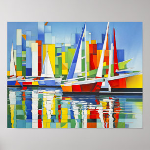 Kubistische zeilboten in de kleurrijke haven poster
