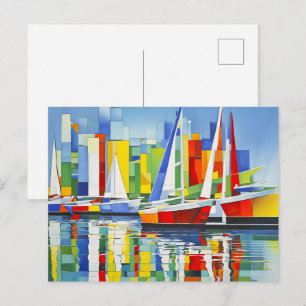 Kubistische zeilboten in kleurrijke haven briefkaart