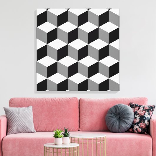 Kubuspatroonzwart wit en grijs canvas afdruk (Insitu (Woonkamer))