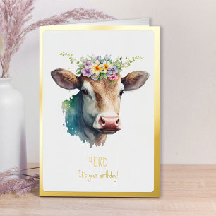 Kudde het is je verjaardag Funny Floral Koe Goud Folie Wenskaart