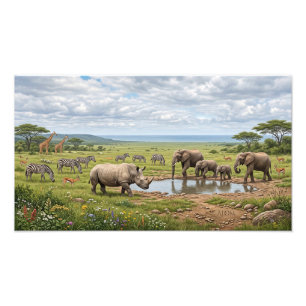 Kudde Neushoorns In Afrikaanse Savanne Foto Vergro Afdruk