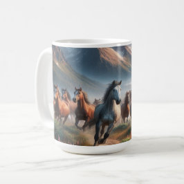Kudde paarden galopperen, mistige bergscène koffiemok