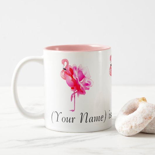 Kudde Roze Flamingo's en Rozen Aangepaste Naam Tweekleurige Koffiemok (Met donut)