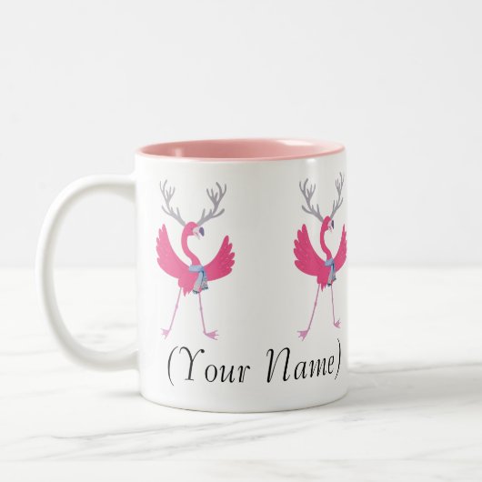Kudde Roze Kerst Flamingo Kerstman Aangepaste Naam Tweekleurige Koffiemok (Links)