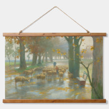 Kudde schapen met herderin op een regenachtige dag