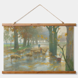 Kudde schapen met herderin op een regenachtige dag hangend wandkleed