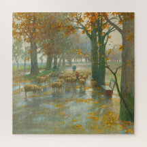 Kudde schapen met herderin op een regenachtige dag