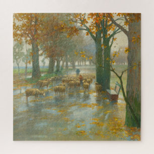Kudde schapen met herderin op een regenachtige dag legpuzzel