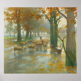 Kudde schapen met herderin op een regenachtige dag poster