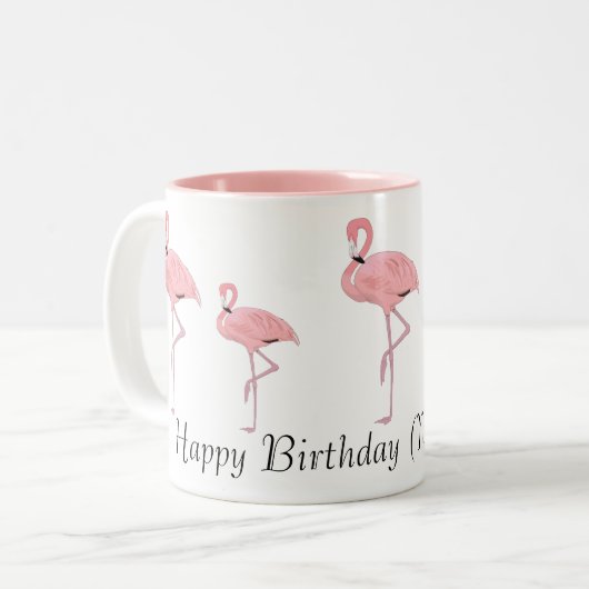 Kudde van Roze Flamingo's Gelukkige Verjaardag Cus Tweekleurige Koffiemok (Voorkant links)