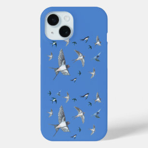 Kudde vliegende Swallow Birds Illustratie Blauw iPhone 15 Case