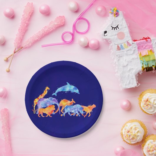 Kudde wilde dieren op paars blauwe achtergrond papieren bordje (Feest)