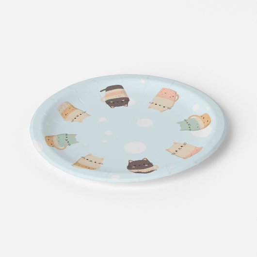 Kuffelkatten in bekertjes op blauw achtergrondpapi papieren bordje (Gekanteld)