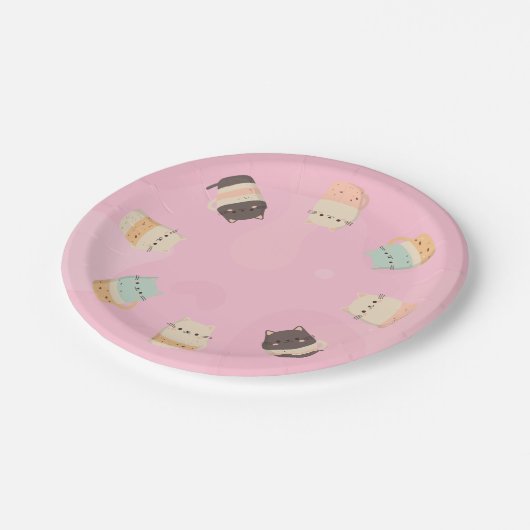 Kuffelkatten in bekertjes op roze achtergrond papieren bordje (Gekanteld)
