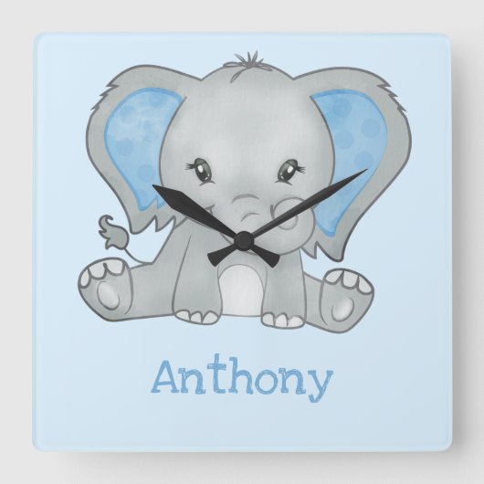 Kuffer Blue Elephant Name Baby Boy Nursery Vierkante Klok (Voorkant)