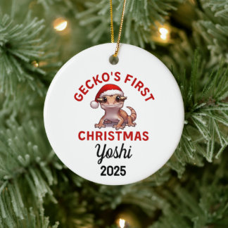 Kuifgekko Eerste Kerstmis 2025 Keramisch Ornament