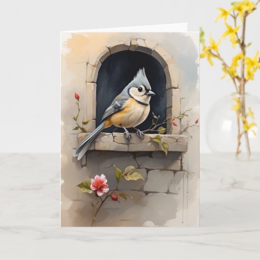 Kuifmees Rustend op Vensterbank Bloemen Blank Kaart (Gele Bloem)