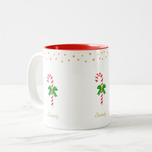 Kuifsnoer, gouden sterren en bewerkbare tekst tweekleurige koffiemok (Voorkant links)