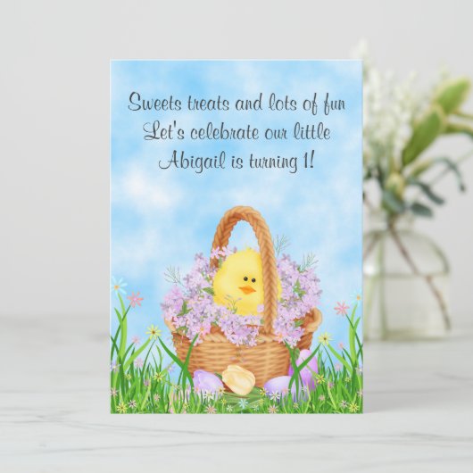 Kuiken en paasmand 1e verjaardag uitnodiging (Staand voorkant)