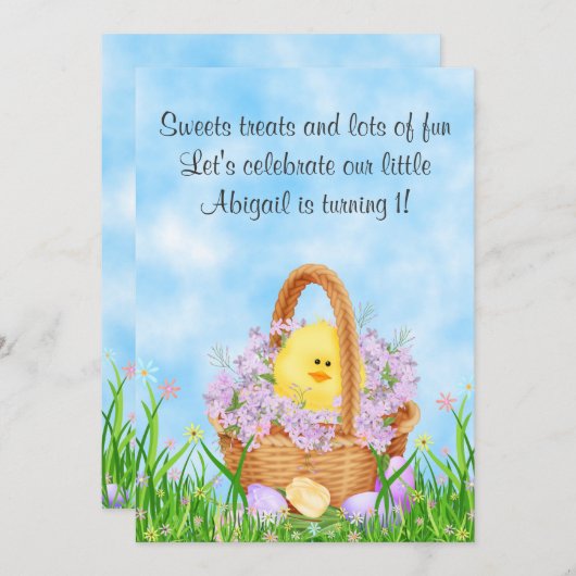 Kuiken en paasmand 1e verjaardag uitnodiging (Voorkant / Achterkant)