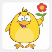 Kuiken met bloem grappig gelukkig dier vierkante sticker (Voorkant)