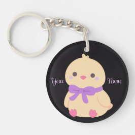 Kuiken met paarse strik Cute Kawaii zwarte op maat Sleutelhanger