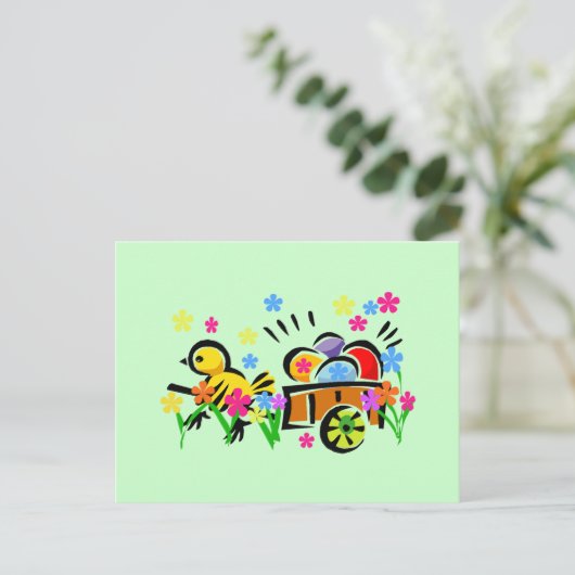 Kuiken met paaseieren kar Tshirts en geschenken Feestdagenkaart (Staand voorkant)