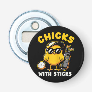 Kuikens met stokken Golfer Meisje Vrouw Golf Club  Button Flesopener